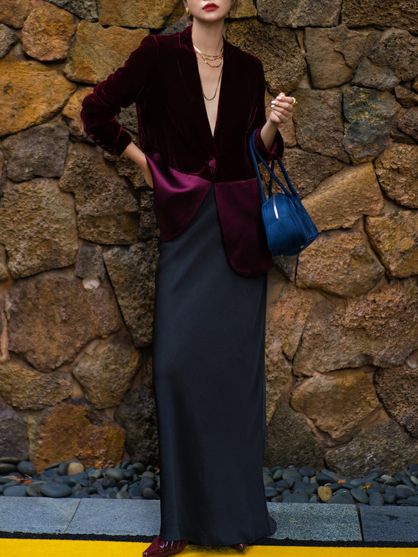 Luxurious Silk Velvet-Panelled Acetate Blazer – Autumn Versatile Single Suit Jacket