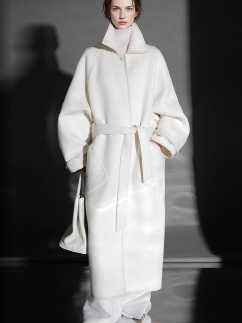 Chain Pattern Wool Coat for Women – Double-Faced Alpaca Wool Overcoat with Leather Trim, Chic Oversized Silhouette Winter Outerwear
