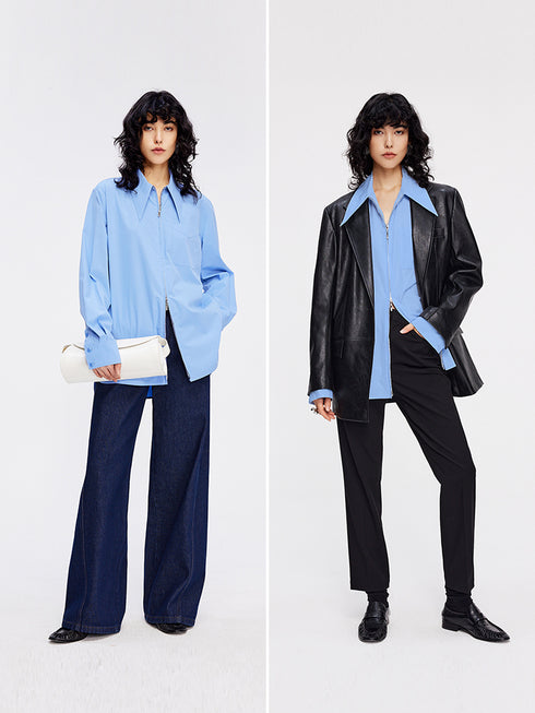 Double Zipper Sharp-Collar Shirt | High-Density Slim Fit Paper-Feel Commuter Blouse for Women
