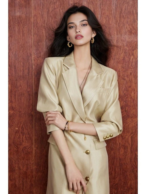 Gold-Thread Iridescent Blazer Dress – Notched Lapel, 3/4 Sleeve, Single-Breasted Waist-Cinching Design
