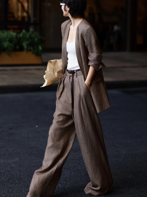 High-End Old Money Style Linen Suit – Relaxed Two-Piece Set with Wide-Leg Pants