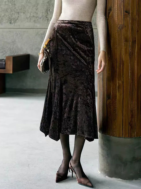 Elegant Diamond-Velvet Mermaid Skirt for Women – New Winter High-Waist Midi Velvet Skirt