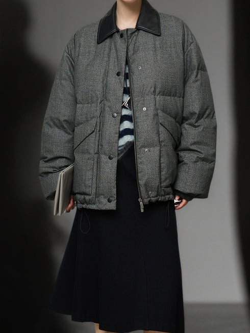 95% White Goose Down Lightweight Puffer Jacket for Women with Leather-Trim Collar and Relaxed MIU-Inspired Design