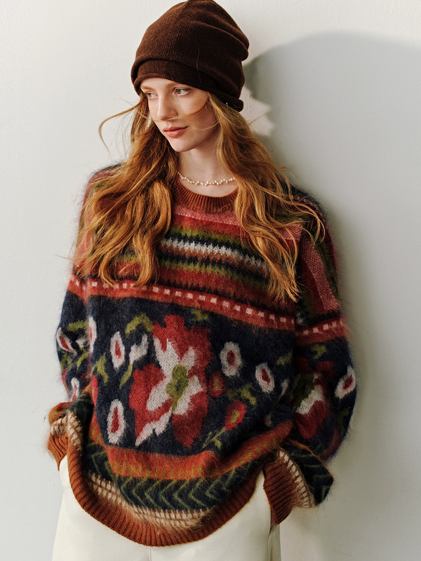 Multi-Color Jacquard Fair Isle Wool-Cashmere Brushed Crewneck Sweater for Women | Vintage Winter Knitwear