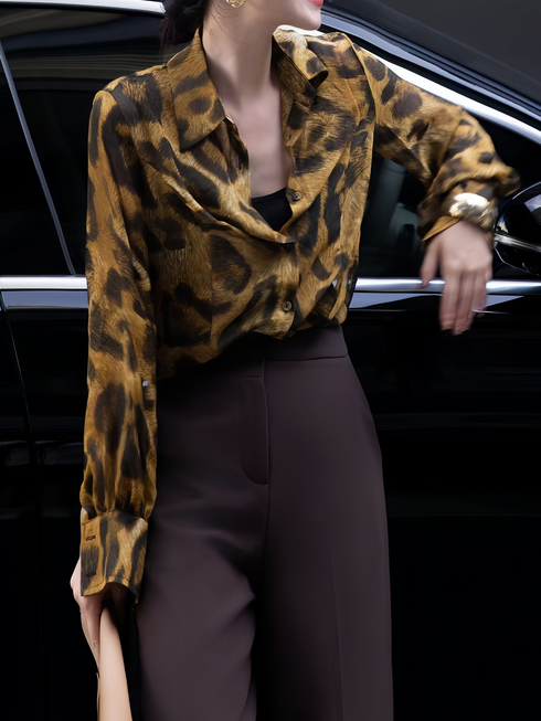 French Vintage Leopard Print Polo Shirt for Women – Elegant Loose-Fit Long Sleeve Top, Versatile & Timeless Style