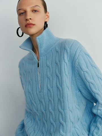 Relaxed Fit Zipper Cable Knit Wool Sweater for Women - Autumn/Winter Casual Sporty Loose Polo Shirt