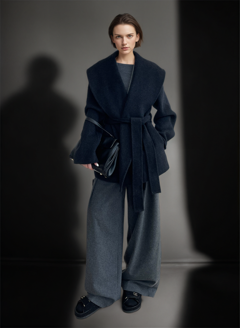 Wool Lyocell Wrap Coat for Women | Double-Faced Wool Overcoat with Lapel Collar, Relaxed Fit Winter Style