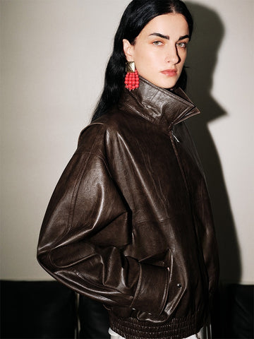 Vintage Brown Moto Jacket – Eco Leather Short Coat for Women with Lapel Collar