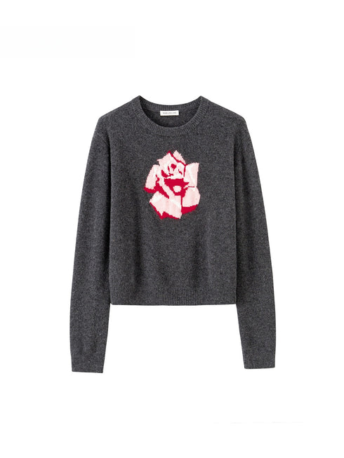 Soft Wool Rose Jacquard Sweater – Semi-Worsted Round Neck Pullover for Women