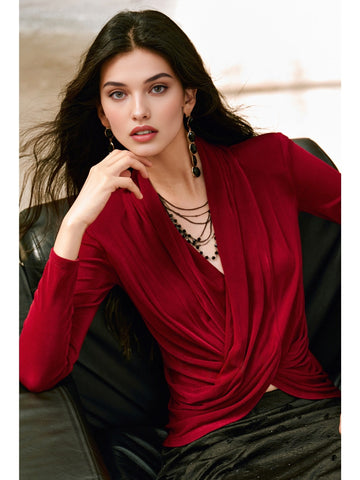 Glossy Heavyweight Acetate Knit | Cross Draped Neckline Natural Pleating Structured Shoulder Slim Fit Top