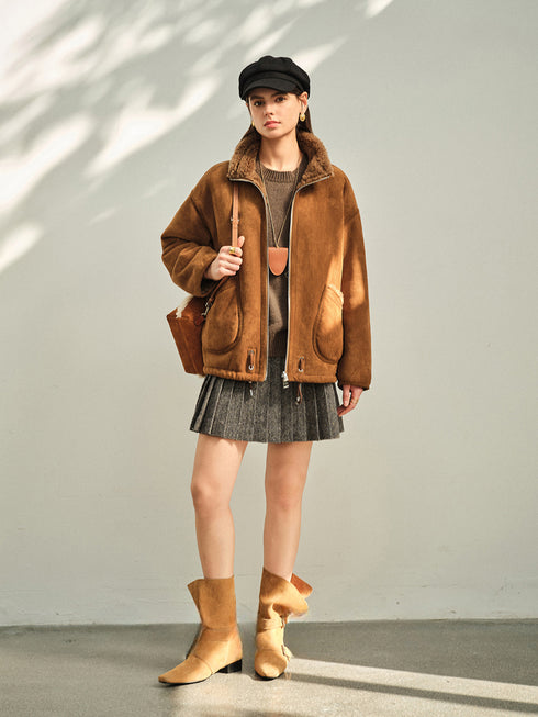 100% Wool-Lined Vintage Brown Faux Suede Jacket – Thick Reversible Shearling-Style Coat for Women