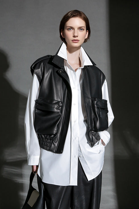 Women’s Short Sheepskin Leather Vest – Bubble Leather Design with Pockets, Notched Collar & Shoulder Strap Details