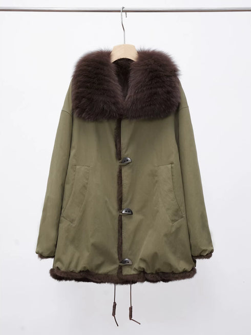 Women’s Mid-Length Parka Coat with Fox Fur Hood and Faux Rabbit Fur Lining | Winter Jacket