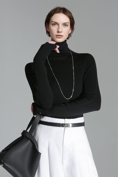 Merino Wool Minimalist Mock Neck Ribbed Knit Top – Cross-Strap Seamless Solid Color Sweater