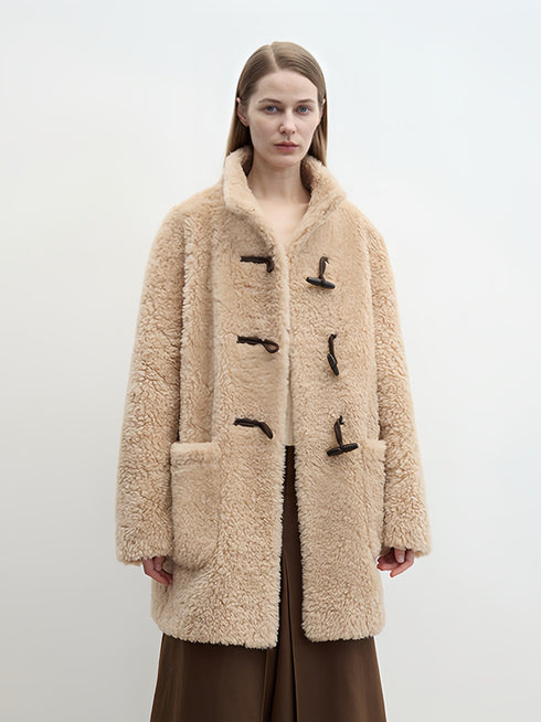 Ragoon-Style Curly Shearling Wool Coat for Women – Mid-Length Faux Shearling Jacket with Toggle Closure and Stand Collar