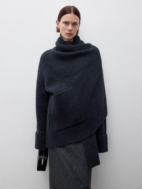 Soft Thick Cashmere Wool Cardigan for Women — Nordic Retro Chunky Knit with Scarf Collar