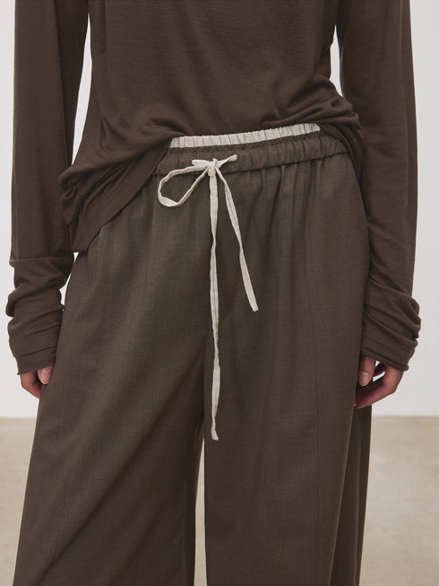 Women's Striped Balloon Pants – Italian Machine-Washable Wool & Linen Blend Elastic Waist Curved Hem Trousers