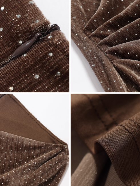 Sparkling Rhinestone Silver-Thread Dress – Geometric Asymmetric Ruched Waist Fitted Bodycon Dress for Women