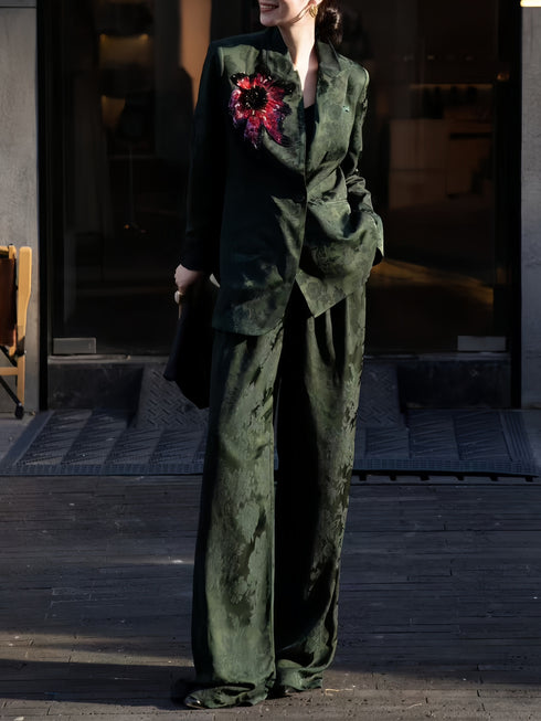 Quiet Luxury Suit Set – Premium Retro Jacquard & Beaded Wide-Leg Two-Piece