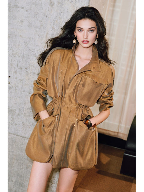 Lustrous Silk Brocade Coat – Stand Collar, Waist-Cinching with Structural Pockets