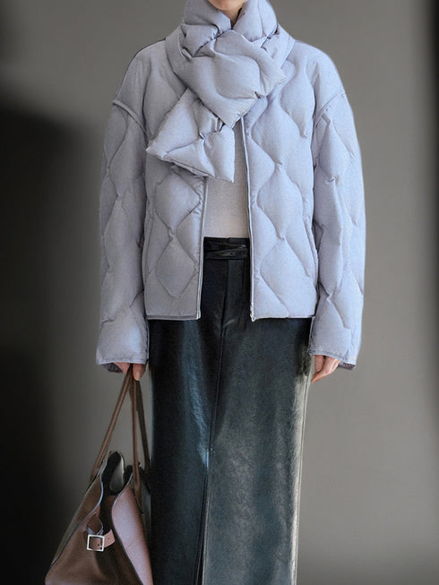 90% Polish White Duck Down Quilted Puffer Jacket for Women Winter with Scarf