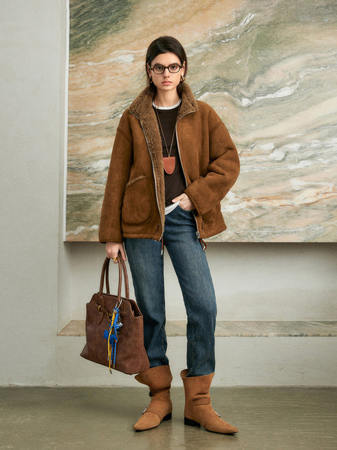 100% Wool-Lined Vintage Brown Faux Suede Jacket – Thick Reversible Shearling-Style Coat for Women