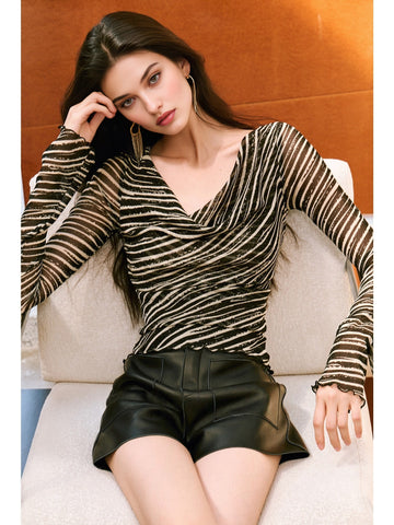 Women’s Sheer Gauze Slim Fit Top – Gold Thread, Artistic Print, Draped Lace Collar