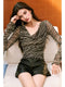 Women’s Sheer Gauze Slim Fit Top – Gold Thread, Artistic Print, Draped Lace Collar