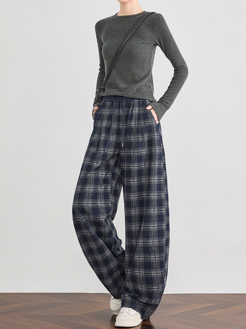 Women's Blue Plaid Wide-Leg Pants – Fall/Winter Casual Jogger Sweatpants with Curved Seam, Flattering Fit