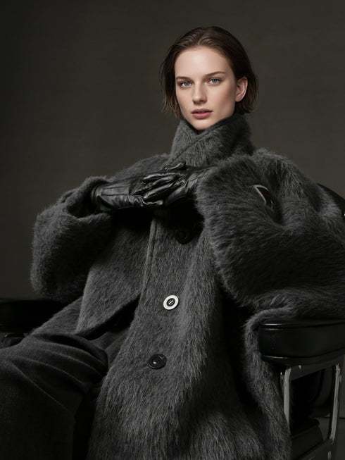 Alpaca Wool Biker Jacket for Women – Stand Collar Suoli Alpaca Coat with Luxe Textured Finish, Winter Chic Outerwear