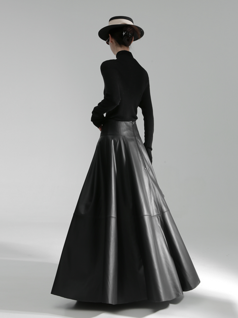 Luxury Black Genuine Sheepskin Midi Skirt – High Waist A-Line Leather Flared Skirt for Women