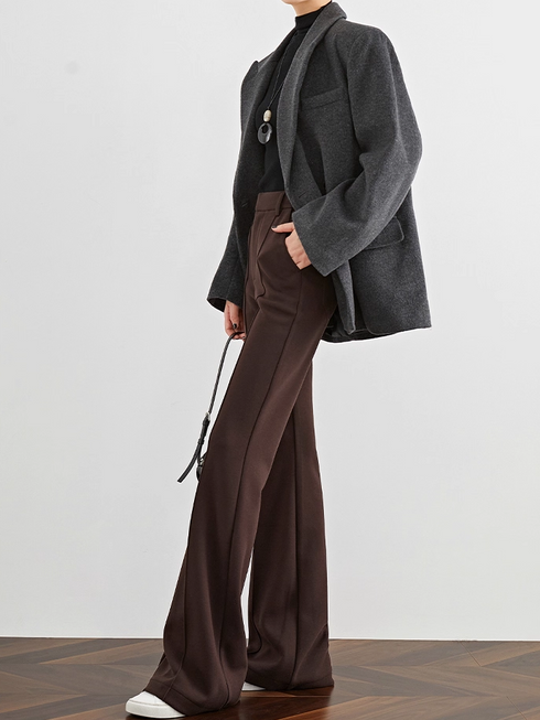 【Supermodel Leg Shape】Women's Coffee Brown Wool Flared Trousers – High-Waist Thick Autumn/Winter Slim Fit Pants