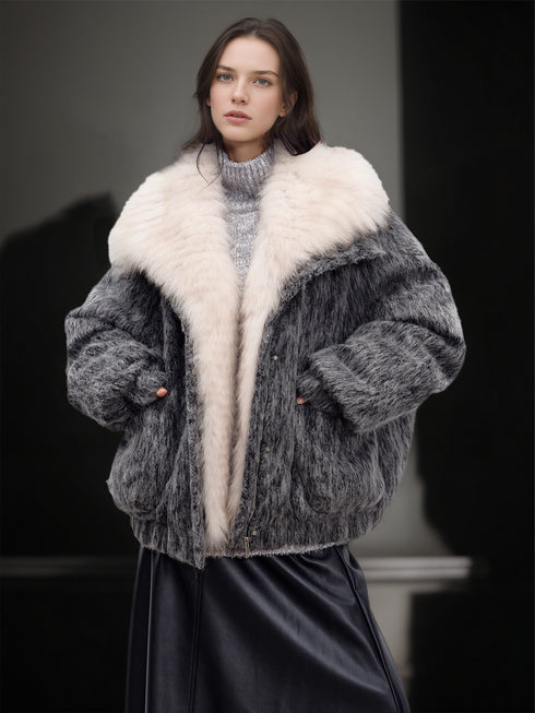 Women’s Wool-Blend Down Coat with Fox Fur Collar | 90% White Goose Down Winter Jacket