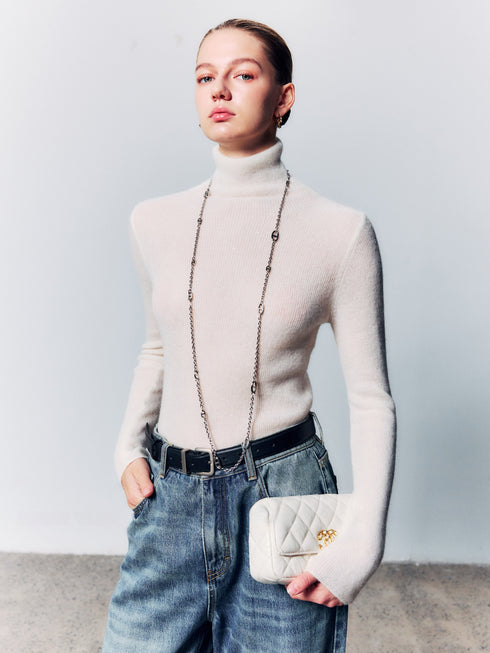 100% Cashmere Sequined Turtleneck Knit Top – Soft, Skin-Friendly Luxury Winter Sweater