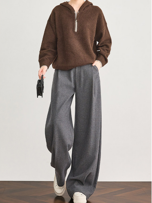 Women's Gray Wool Wide-Leg Suit Pants – Premium Draped Wool-Blend Trousers for Fall/Winter