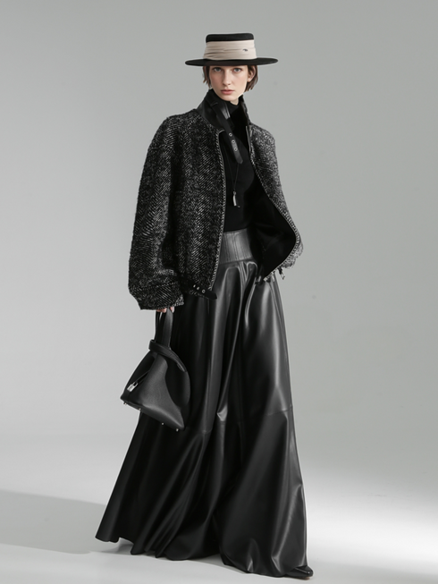 Luxury Black Genuine Sheepskin Midi Skirt – High Waist A-Line Leather Flared Skirt for Women