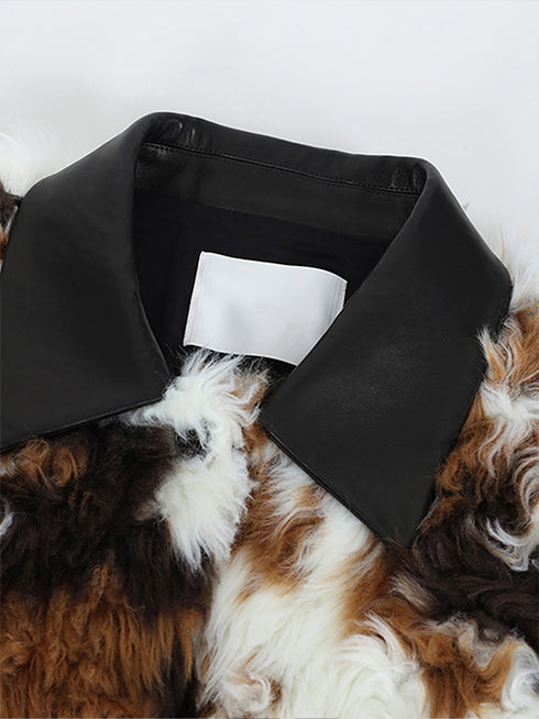 Cow-Pattern Faux Fur Coat for Women – Winter Colorblock Eco-Friendly Fur Jacket with Contrast Collar