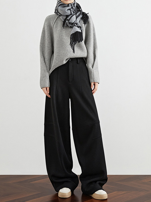 Women's Black Scythe Pants – Fall/Winter Extended Wool Wide-Leg Banana Trousers