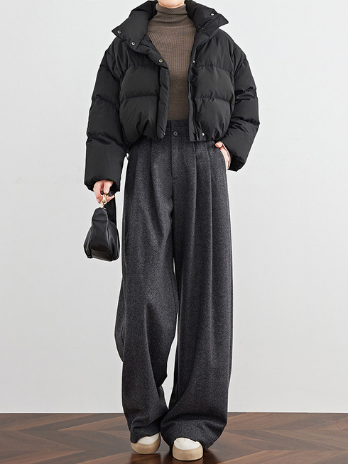 Women's Gray Wool Wide-Leg Pants – Draped Straight-Leg Casual Suit Trousers for Fall, Influencer Favorite