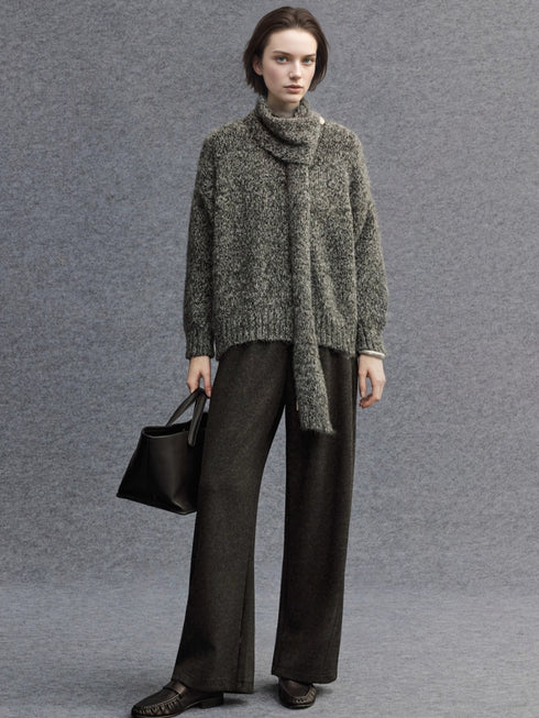 Textured Mélange Knit Sweater with Detachable Scarf | Relaxed H-Silhouette Drop-Shoulder V-Neck Pullover for Women