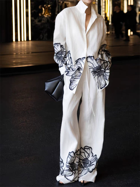 Linen Two-Piece Set – Watercolor Lotus Embroidered Shirt & Wide-Leg Pants