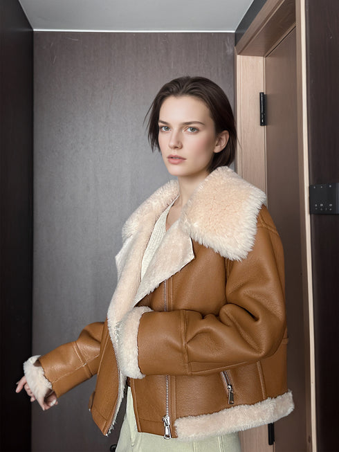 Eco-Friendly Faux Leather & Genuine Wool Shearling Jacket – Plush Flocked Lamb Fur Short Coat for Women