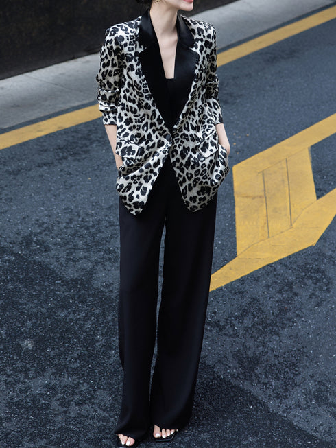 Leopard Print Satin Acetate Blazer – Early Autumn Casual Designer Jacket for Women