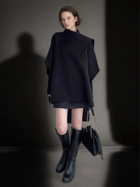 Tencel Wool Double-Faced Shawl Cape Coat for Women | Asymmetric Art-Inspired Deconstructed Design