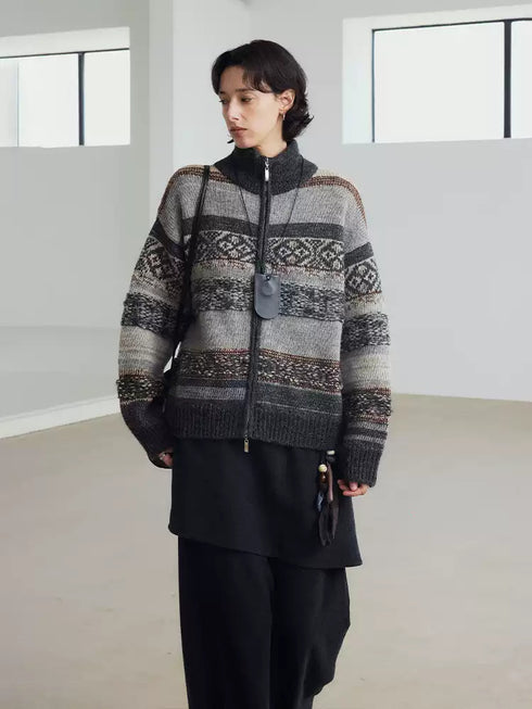 Fair Isle Geometric Knit Vintage High-Neck Sweater Jacket – Double Zipper Stand-Collar Knit for Fall/Winter