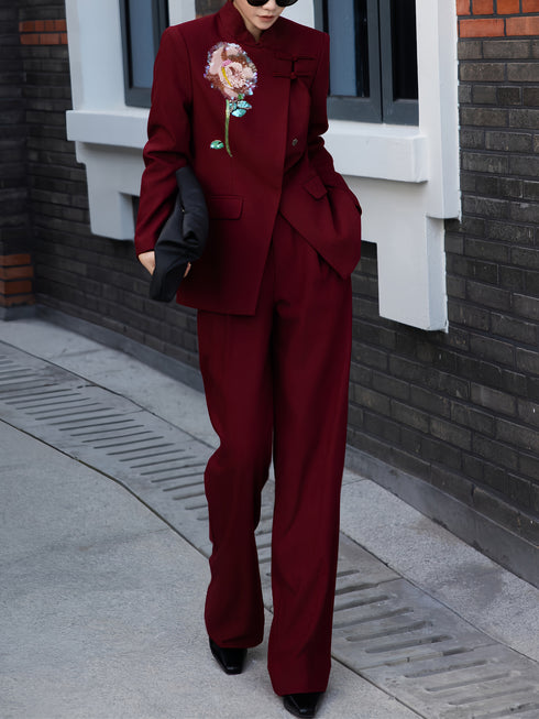 Glamorous Formal Attire | High-End Flower Embroidery & Knot Detailing Blazer & Wide-Leg Pants Set for Gala & Professional Events
