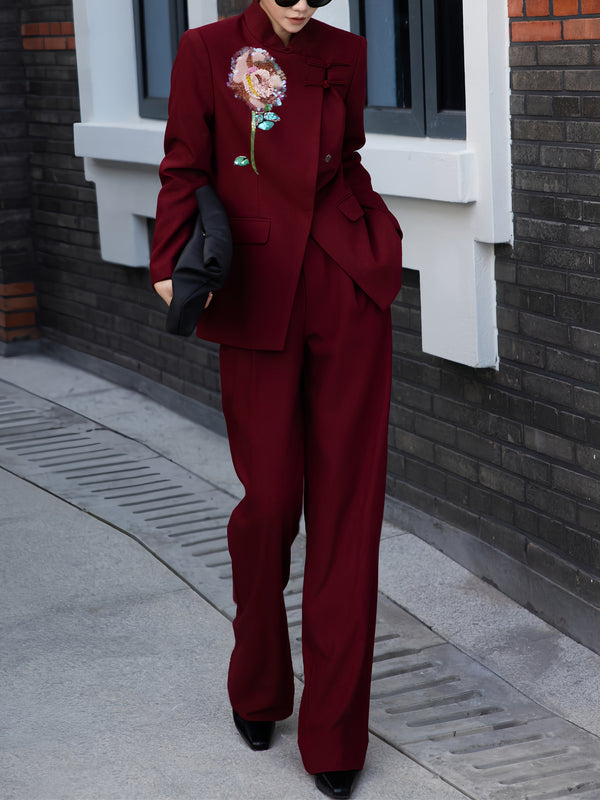 Glamorous Formal Attire | High-End Flower Embroidery & Knot Detailing Blazer & Wide-Leg Pants Set for Gala & Professional Events