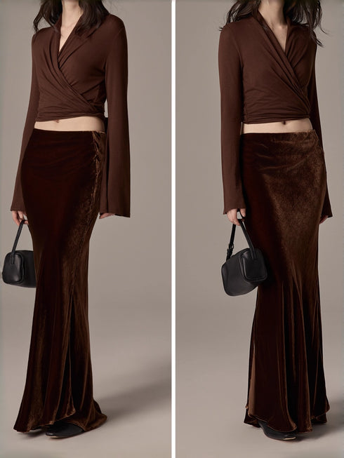 100% Silk Velvet Midi Skirt – French Vintage Slimming Mermaid Skirt with Side Slit