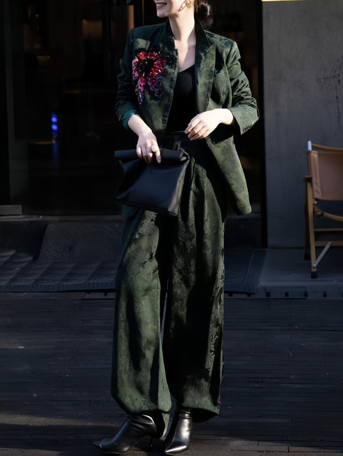 Quiet Luxury Suit Set – Premium Retro Jacquard & Beaded Wide-Leg Two-Piece