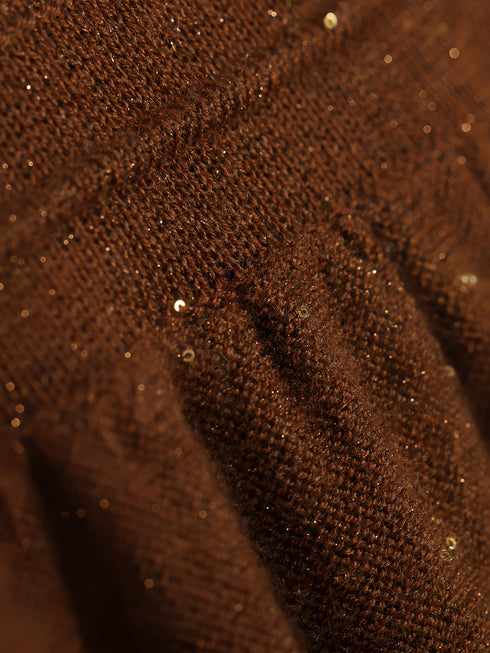Star-Sequin Wool Stretch Knit Dress with Panelled Polo Collar and Balloon Sleeves